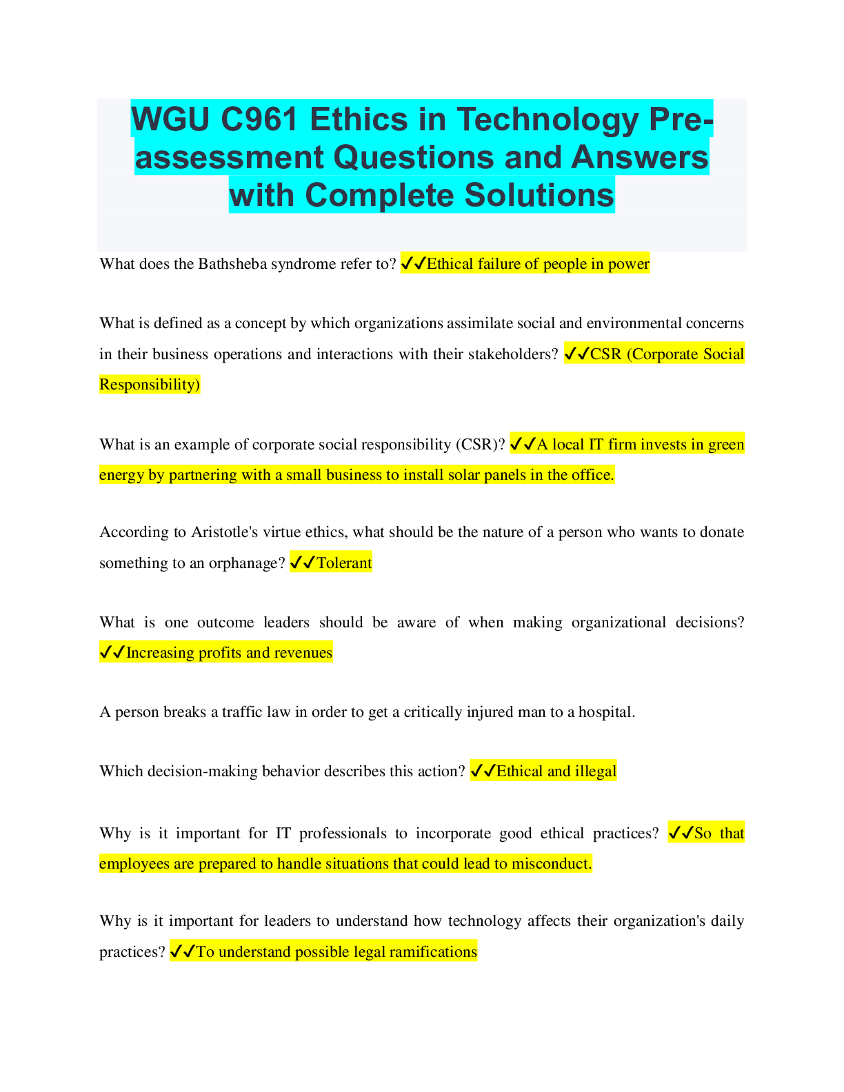 Preview image for WGU C961 Ethics in Technology Preassessment Questions and Answers with Complete Solutions